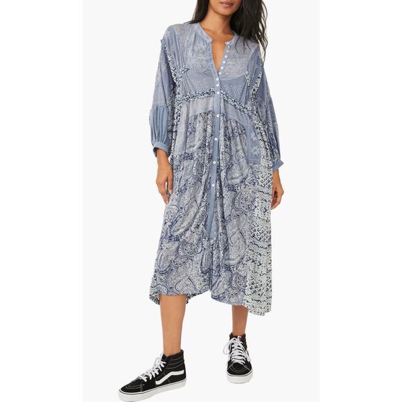 Free People Oh My Mix Print Long Sleeve Dress Duster Boho Midi Flowy Sundress XS - Picture 1 of 6